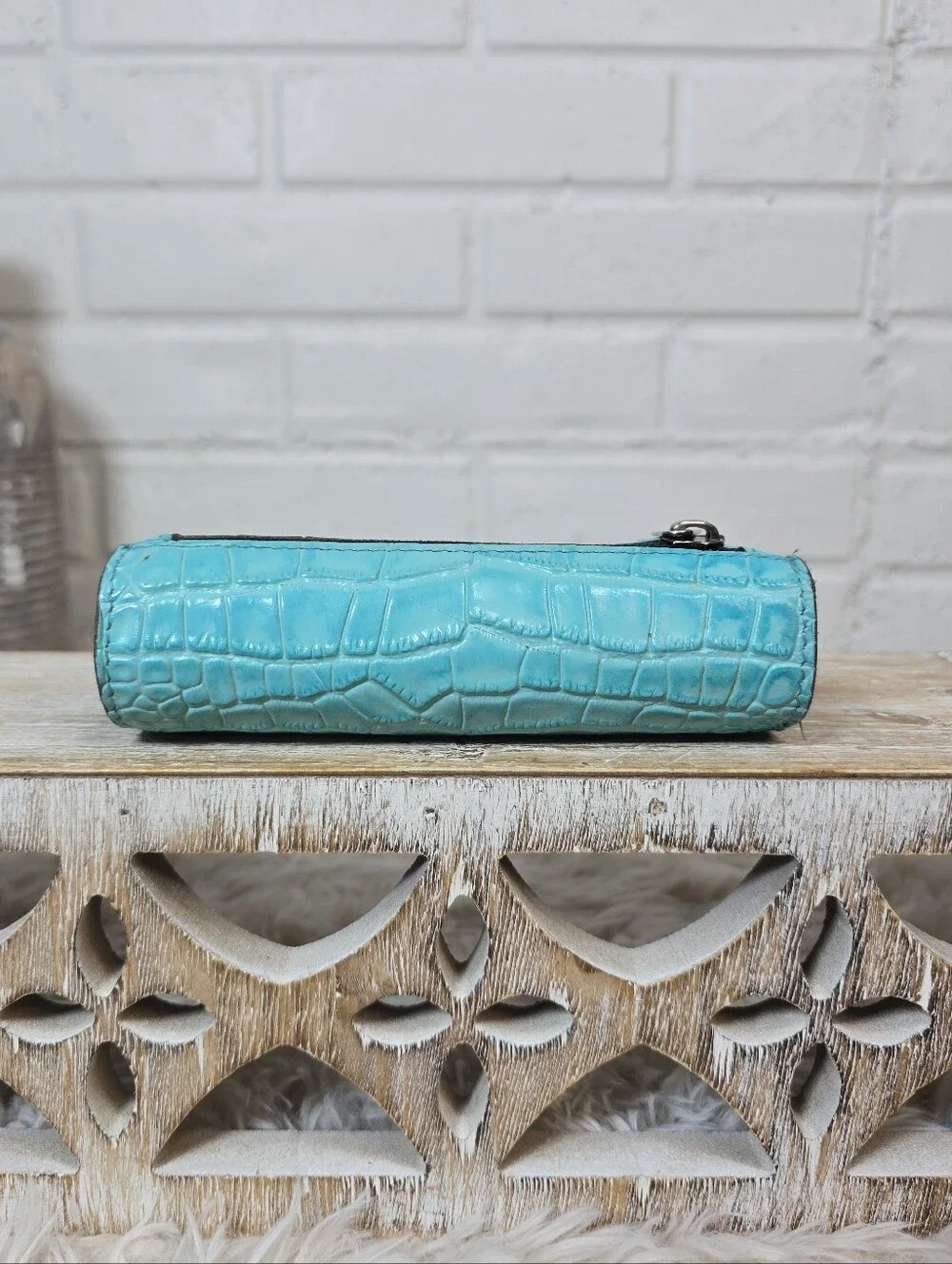 Patricia Nash Turquoise Croc Embossed Tri Fold Wallet